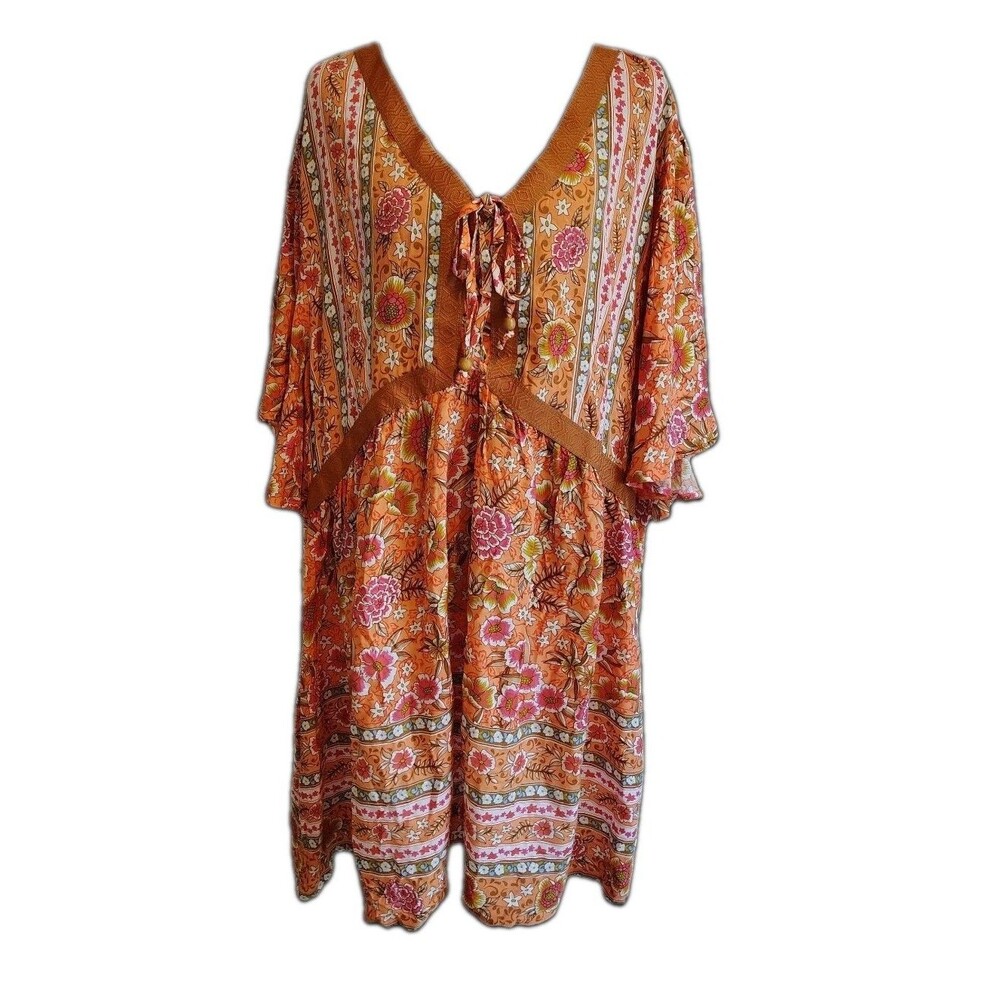 The Pyramid Collection Floral Kaftan Dress 2X Boho Orange Rayon Mini Tunic